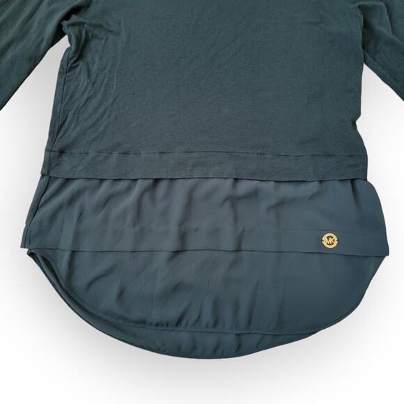 Michael Kors Dark Green 3/4 Sleeve Knit Layer Chiffon Hem Blouse Women Sz S - Picture 3 of 8